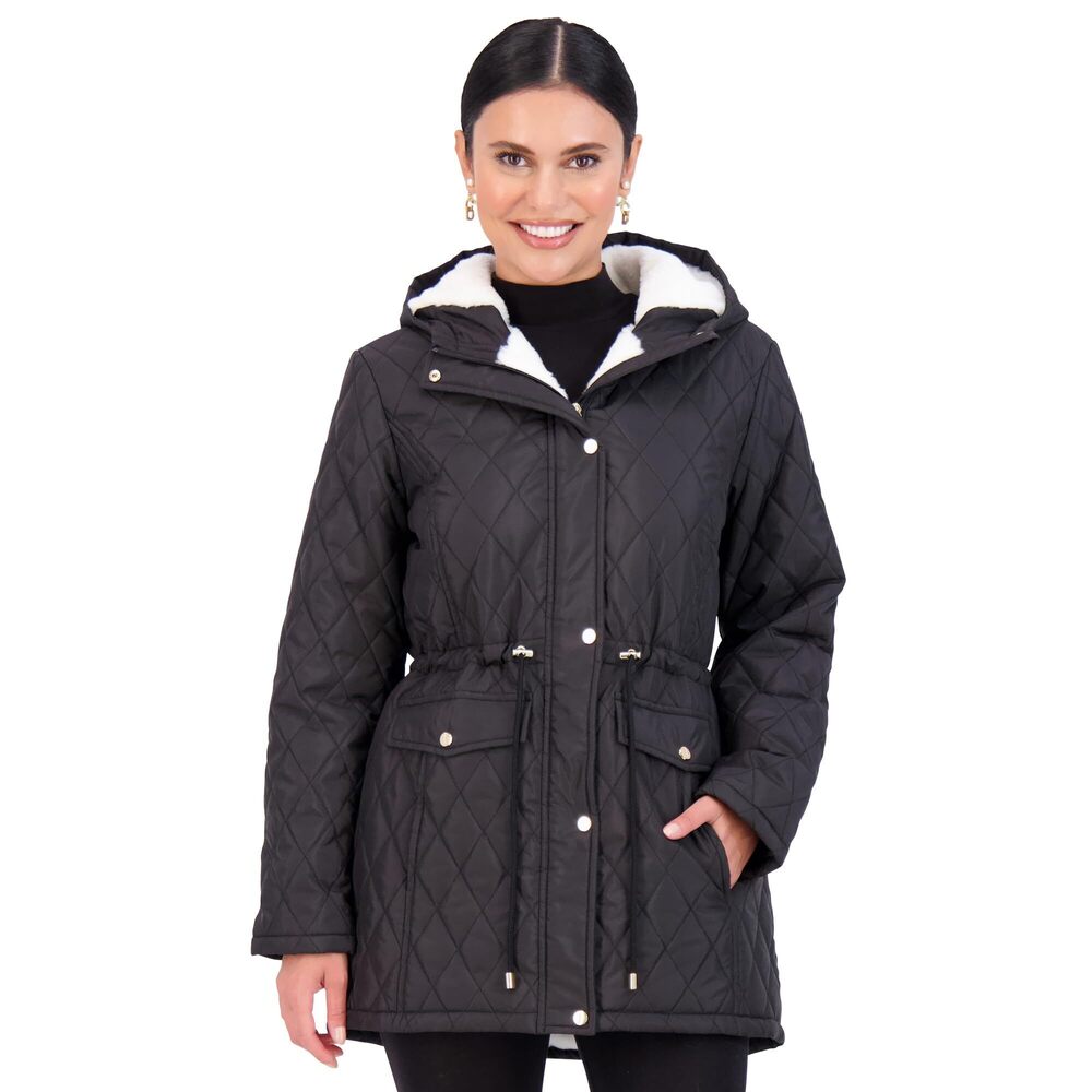 Jones New York Diamond-Quilted Jacket Anorak with Fur Lining, Black, Size 3X